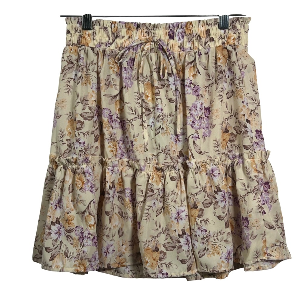 Hayden Los Angeles Floral Ruffle Mini Skirt‎ Cream Purple Elastic Waist HY2883 M